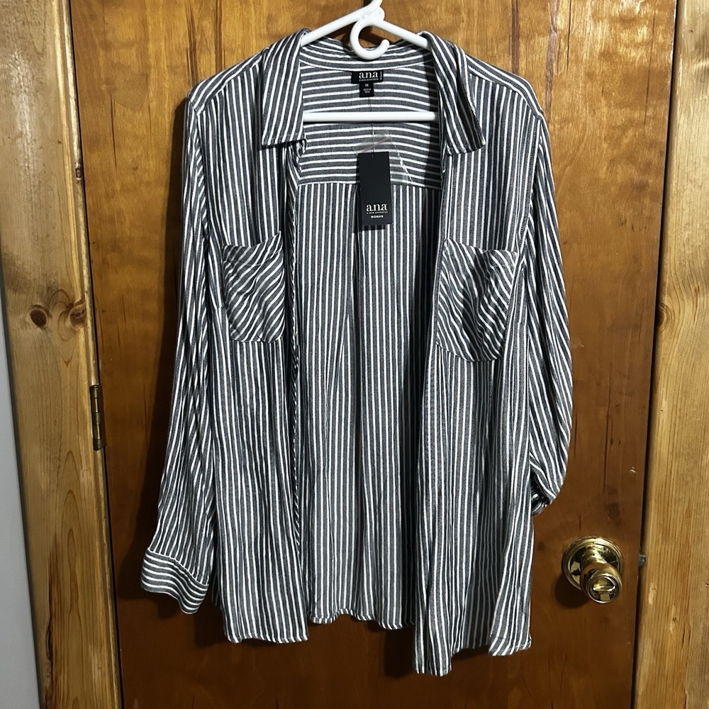 A.N.A. Womens 1X Black White Striped Long Sleeve Button Down Shirt Cotton NWT